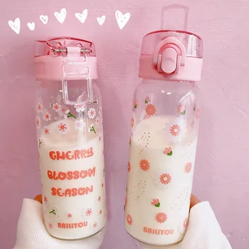

Korea Ins Cute Pink Flower Water Bottle Transparent Heat Resistant Glass with Rope Large Capacity 480ml Travel Portable Milk Cup