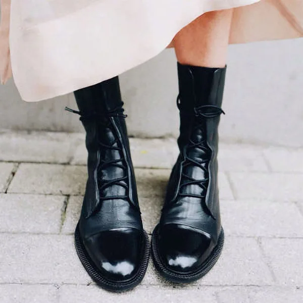 NAN JIU/кожаные ботинки martin со шнуровкой; короткие ботинки с острым носком; женские ботинки на плоской подошве; зимние классические черные ботинки - Цвет: black
