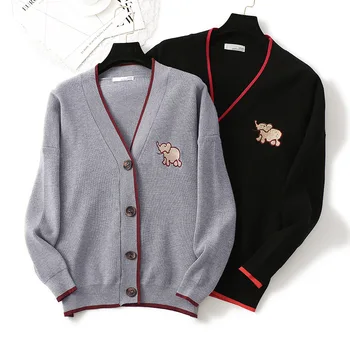 

High Quality Cardigan Sweater Women Elephant Embroidery Knit Cardigan Women Thick Loose Sweater Female Plus Size Cardigan Female