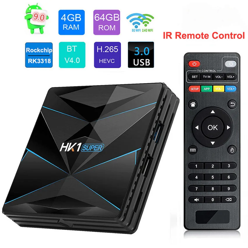 Hk1 Super Android 9.0 Tv Box Rk3318 Ddr 3 4Gb 32Gb 64Gb 2.4Ghz 5Ghz Wifi Smart Media Player Supporto Bluetooth 4K 3D Set Top Box
