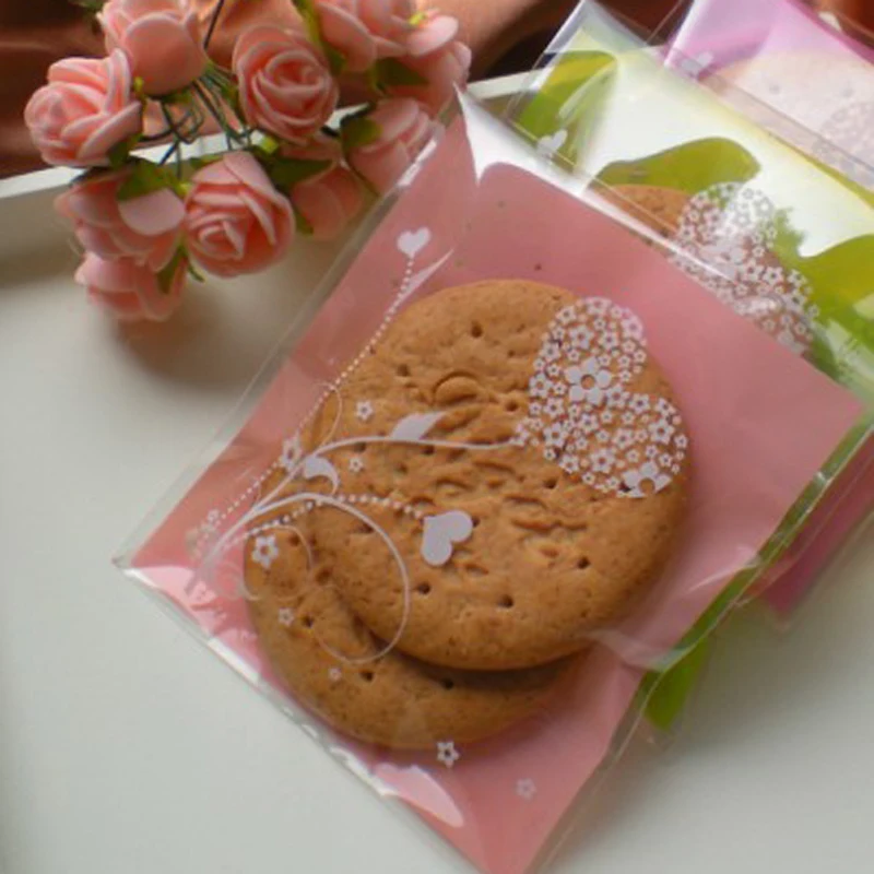 

100pcs Light Pink Flower Party Cookies Biscuits Bags Self-adhesive Wedding Cellophane Bag Cake Candy Gift Bags