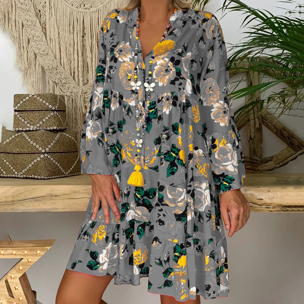 NIBESSER, Boho, цветочные, с длинным рукавом, короткие платья для женщин, весна-лето, с цветочным принтом, пляжные, свободные платья, женское богемное мини-платье