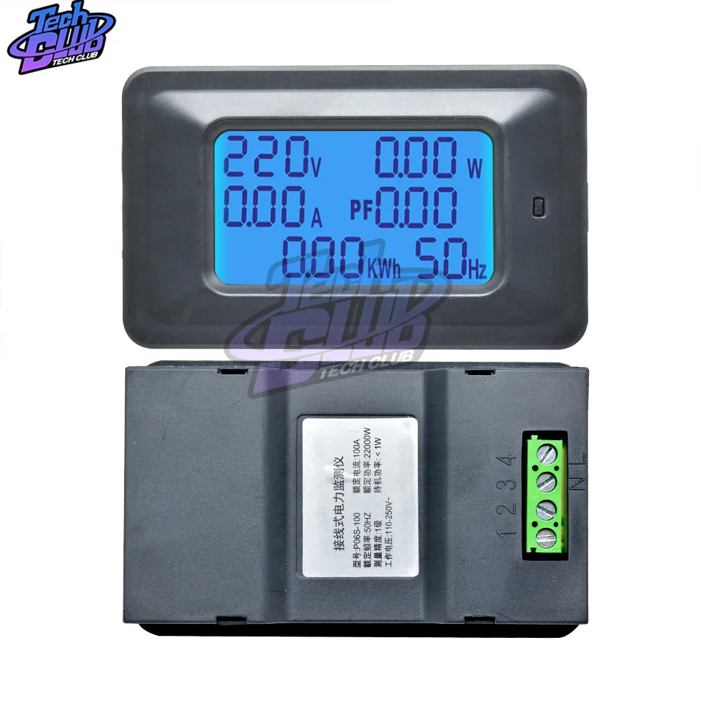 AC 110-250V LCD Digital Voltmeter Ammeter Volt Amp Power Kwh Panel Meter 100A DE 