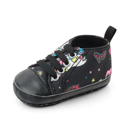 Обувь для новорожденных девочек и мальчиков с рисунком единорога и граффити; мягкая обувь с принтом динозавра для малышей; обувь с твердой подошвой для малышей; обувь для первых прогулок - Цвет: Черный