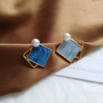 

Bohemia Asymmetric Stud Earrings Blue Geometry Square Epoxy hitting scene Temperament pearl Earrings Women Birthday gift jewelry