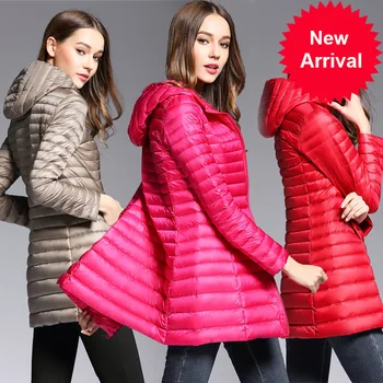 

Spring Padded Woman Hooded Long Jacket White Duck Down Female Overcoat Ultra Light Slim Solid Jackets Coat Portable Parkas