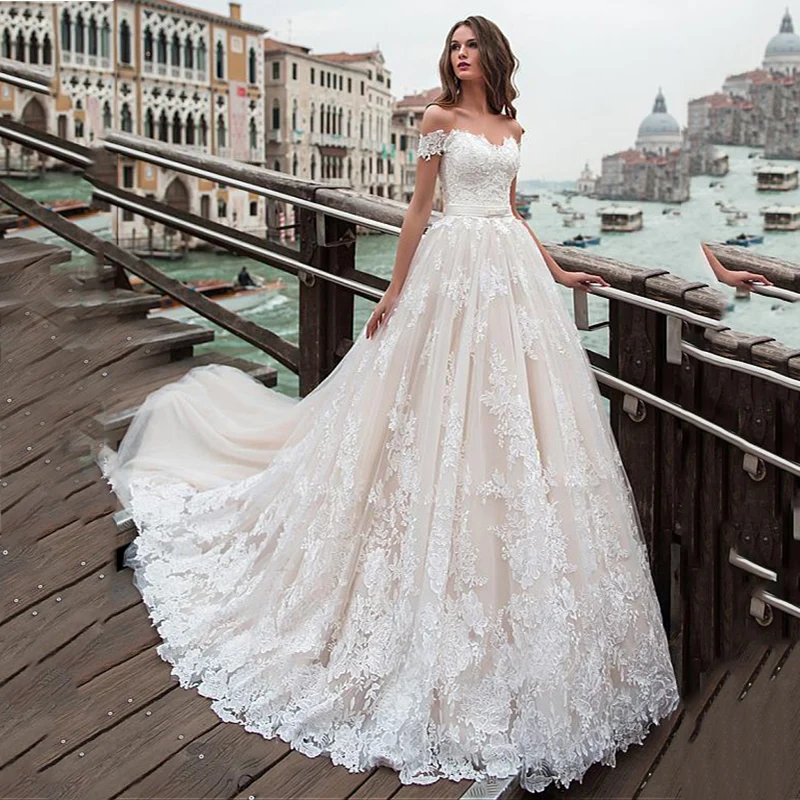 

Lace Applique Off the Shoulder Sexy A-line Wedding Dress Lace Up Wedding Gown White Ivory Princess Bride Dresses Free Shipping