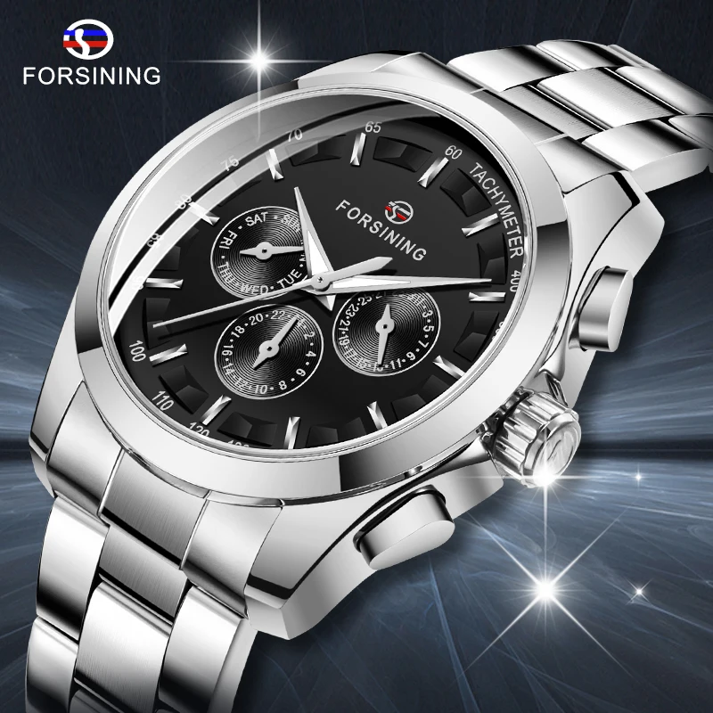 

Forsining Black Men's Mechanical Watch 3 Dial Calendar Automatic Self-Wind Clock Business Sport Stainless Steel Belts Wristwatch
