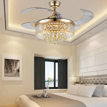 

YEELED Light 42" Crystal Gold Ceiling Fan Remote 3 Colors Light/3 Speeds Retractable Fan chandeliers for Indoor Living Bedrooms