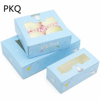 

50PCS blue Paper Box With Window Birthday Wedding Party Paper Packaging box Candy Cookies Cup Cake Gift Boxes Cardboard