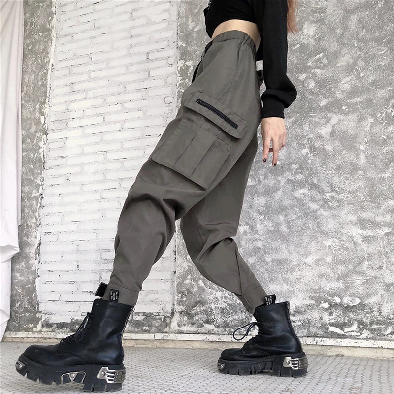 2020 Spring New Big Pocket Cargo Pants For Women High Waist Belt Trousers Female Zipper Streetwear Joggers women zhoggery 2020 Spring New Big Pocket Cargo Pants For Women High Waist Belt Trousers Female Zipper Streetwear Joggers women zhoggery