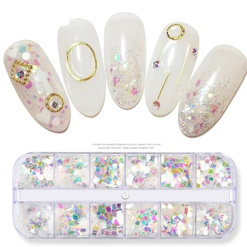 

12 grids Holographic AB Nail Glitter Flakes Shell Sparkly Sequins Irregular Paillette Gel Polish Manicure Nail Art Decorations