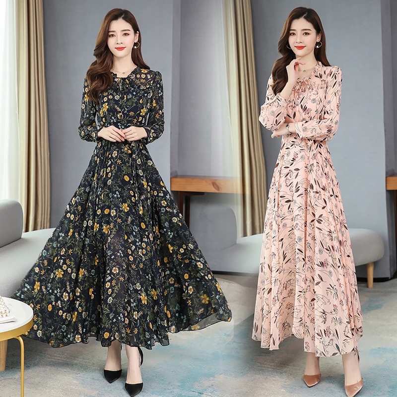 Women's Long Sleeve Broken Flower Print Chiffon Dress - Party and Casual Pink Dresses image 5