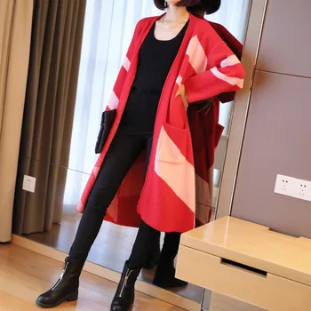 

Large Fashion Contrast Knitted Cardigan Long Thickened Sweater In Autumn and Winter 2019 Coat Loose Knit Cape