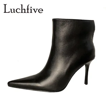 

Sexy Pointed Toe Stileto High Heel Ankle Boots Genuine Leather Black White Ladies Winter Formal Shoes Slip-on Short Boots