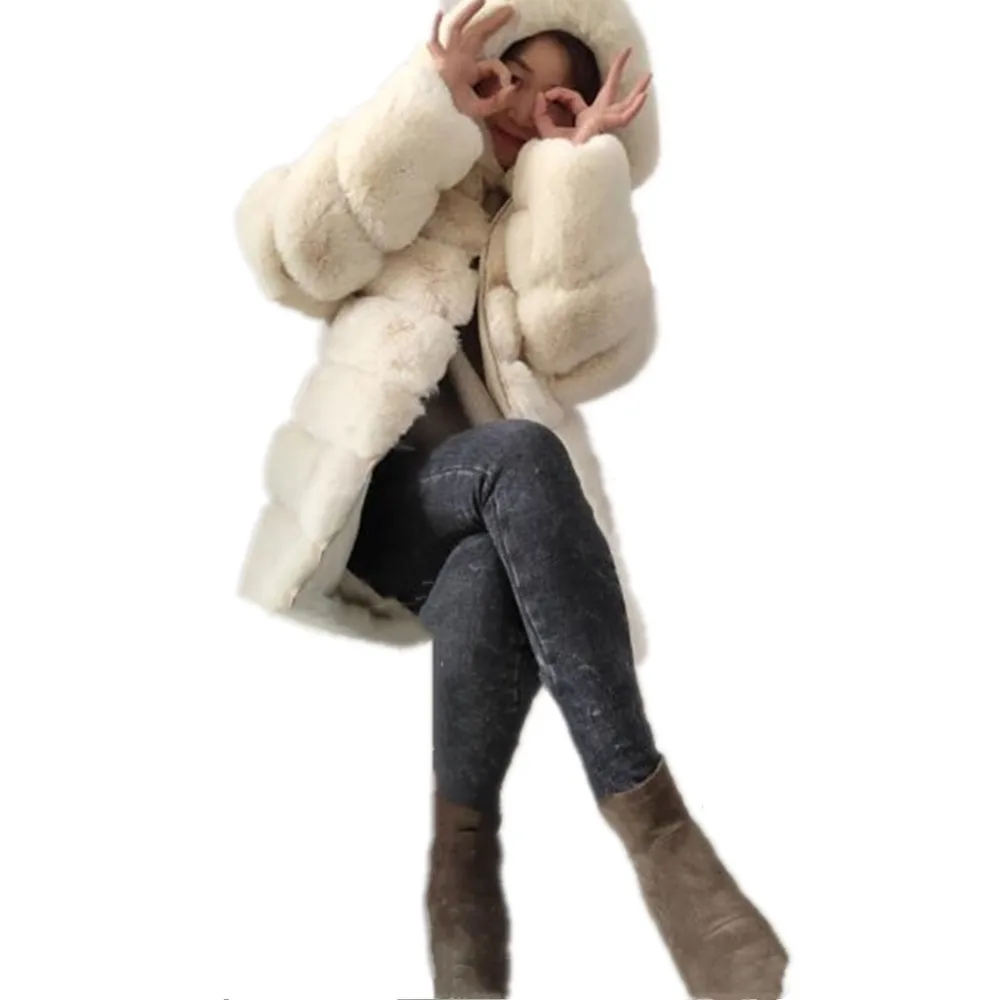 Женские зимние пальто с длинным рукавом из искусственного меха кролика с капюшоном с двумя карманами женские длинные пальто из искусственного меха куртки женские меховые пальто