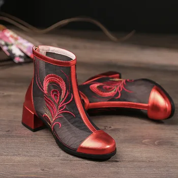 

YourSeason Summer Women Party Sandals Shoes Genuine Leather Round Toe Retro Concise Women Zip Mesh Embroider Boots 2020 New