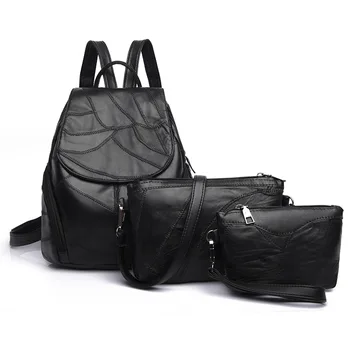 

Women Mini Backpack Genuine Leather Backpacks School Bags for Teenagers Famous Brand Black Femal 3pcs/set Backpack Purse Solid