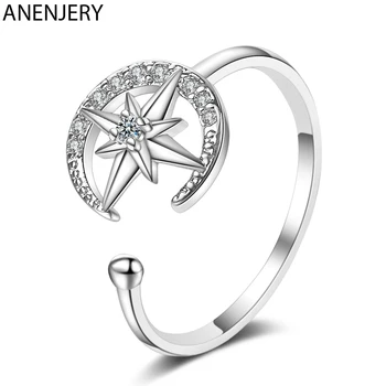 

ANENJERY Simple Mosaic Cubic Zircon Open Finger Ring Silver Color Moon Star Rings For Women Wedding Engagement S-R621