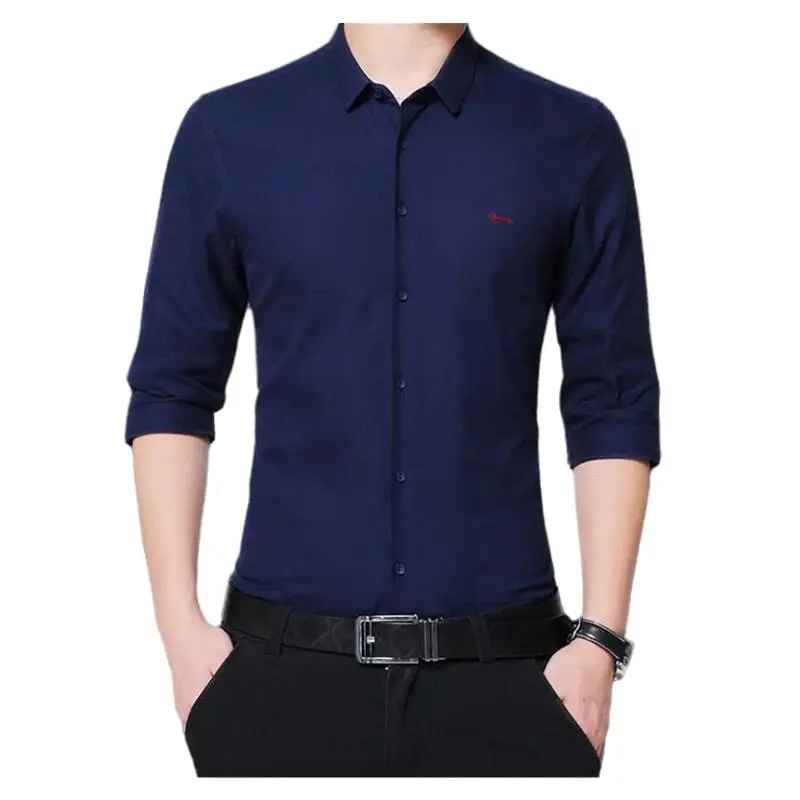 Блузка мужская с вышивкой модная Однотонная рубашка из 100% хлопка рукавом до