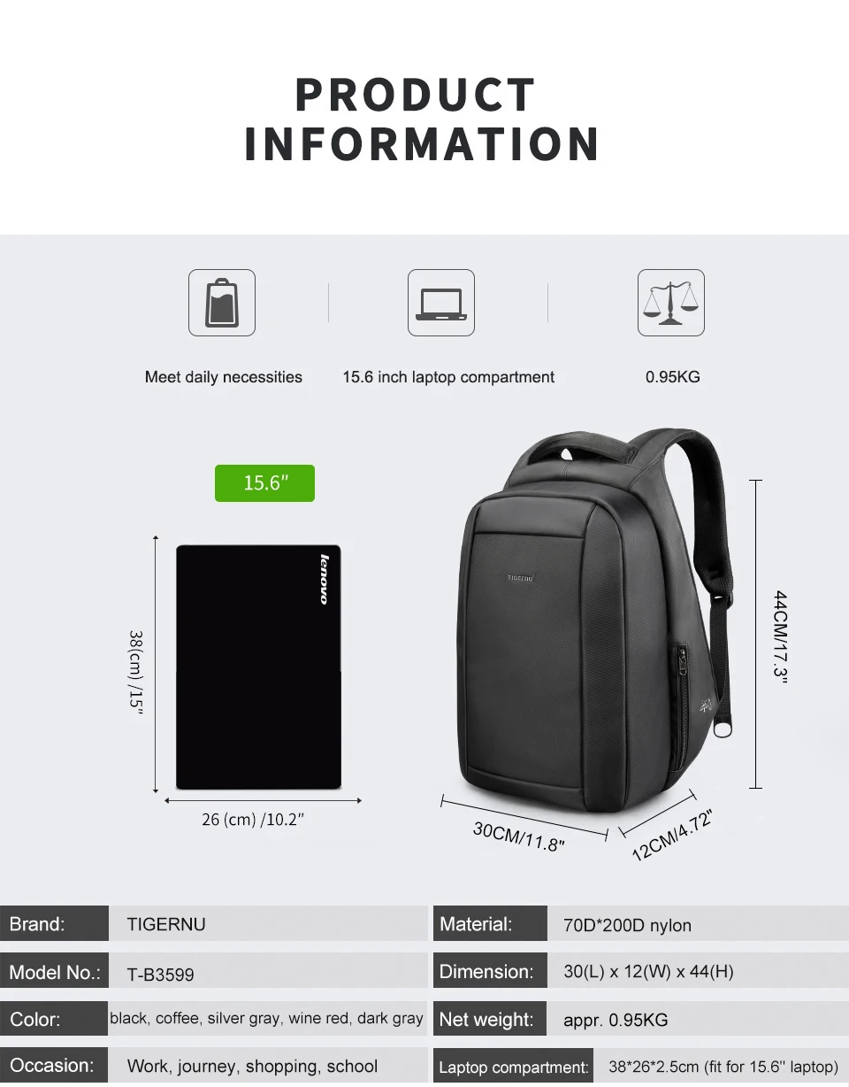 Tigernu Hidden Anti theft Zipper 15.6 inch Laptop Backpacks