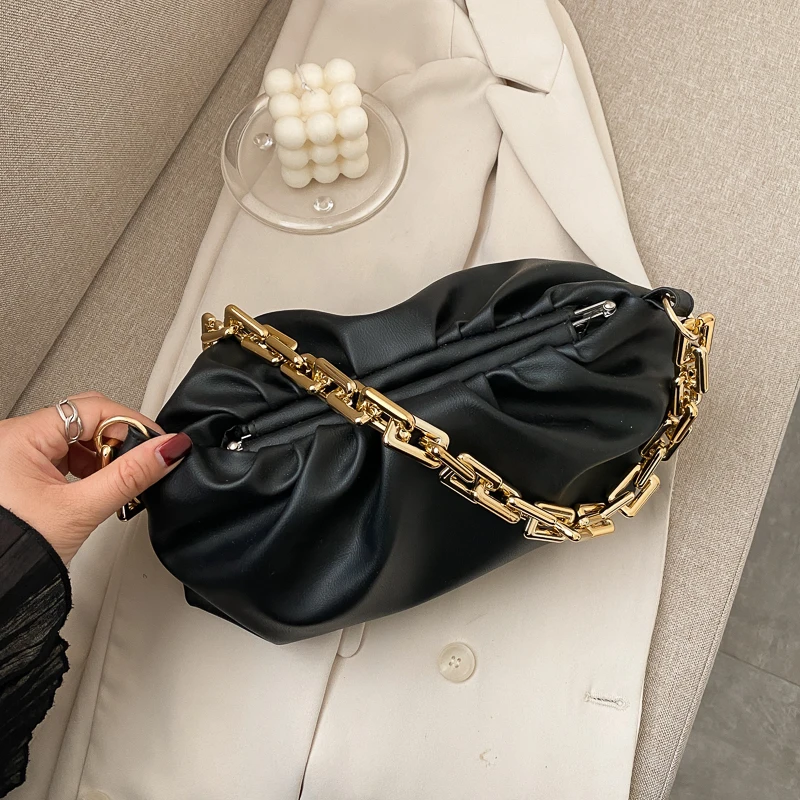 

black trend ruched dumpling handbag with chain womens shoulder bag luxury PU lady Designer Diagonal bag classic leather bags sac