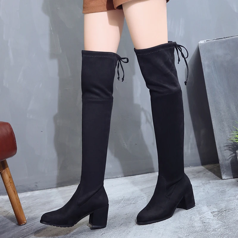 2019 г. Женские ботинки новые осенне-зимние сапоги выше колена облегающие высокие