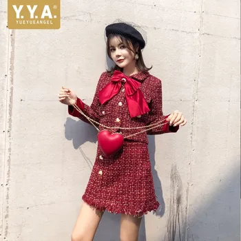 

Fashion Women Tweed Jacket Two Piece Set Crystal Bow Short Tops Mini Skirt Slim Fit Party Ladies Sets Plaid Twill Clothes Suit