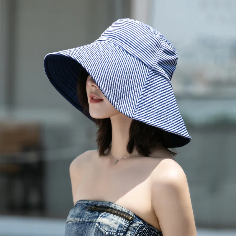 Dames bucket hat gestreept met brede rand opvouwbare zonbescherming_voghion.com