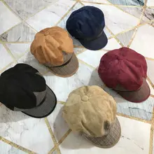 Британский стиль, винтажный берет из искусственной замши в стиле пэчворк, вязаная шапка в клетку, Женский газетчик, 6 панелей, зимняя теплая Кепка с козырьком, темно-синяя шапка C6UD