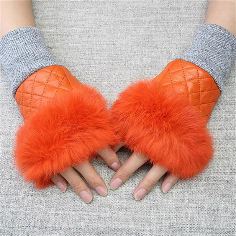 Orange Dilidala Женские зимние кожаные перчатки овчина утолщение плюс бархат короткие ездовые кроличьи меховые без пальцев Высокое качество перчатки - Цвет: Orange