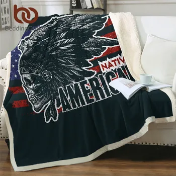

BeddingOutlet Gothic Skull Bed Blanket Vintage Tribal Throw Blanket for Adults India Chief Fluffy Blanket American Flag Cobertor