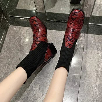 

COOTELILI 2019 Winter Fall Women's Boots Square Toe Elastic Thick Heel 5cm Heels Shoes Woman Female Socks knitting Ankle Boots