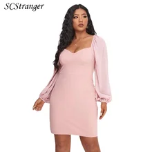 Aliexpress - Plus Size Clothing Dresses For Women 2021summer Long Sleeve v Neck Pink Elegent Sexy Backless Mini Dress Платье
