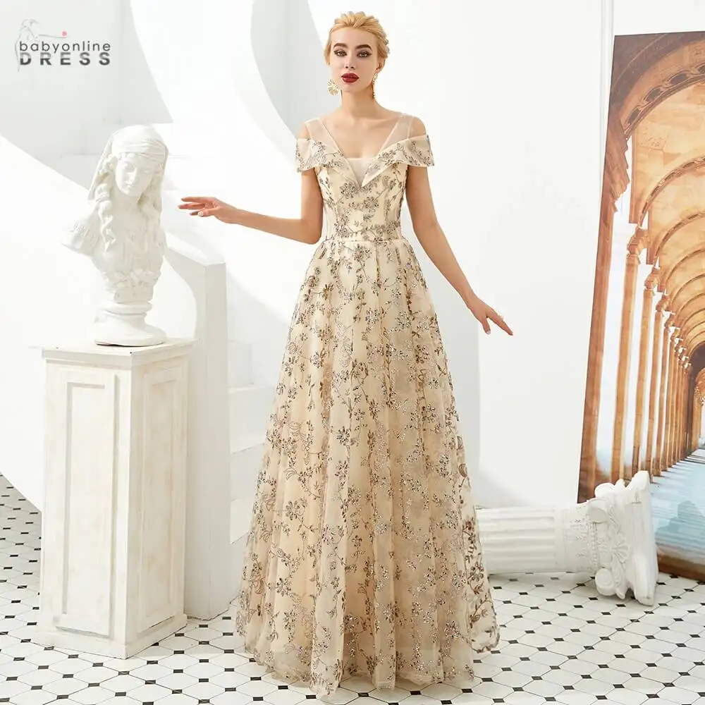 

Newest Champagne Lace Long Evening Dress A-line V-neck Off The Shoulder Evening Prom Gowns Sleeves Robe de Soiree Longue