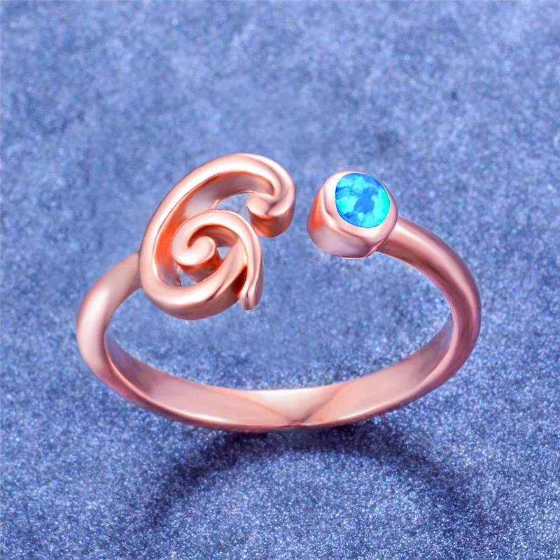 Cute Female G Letter Open Adjustable Ring Boho Small Blue White Opal Wedding Rings For Women Rose Gold Round Engagement Ring