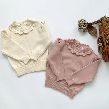 

5262 Baby Girls Sweaters Hand Lace O Neck Kids Autumn Winter Solid Sweaters Soft Warm Long Sleeve Clothes for Kids 1-9Years