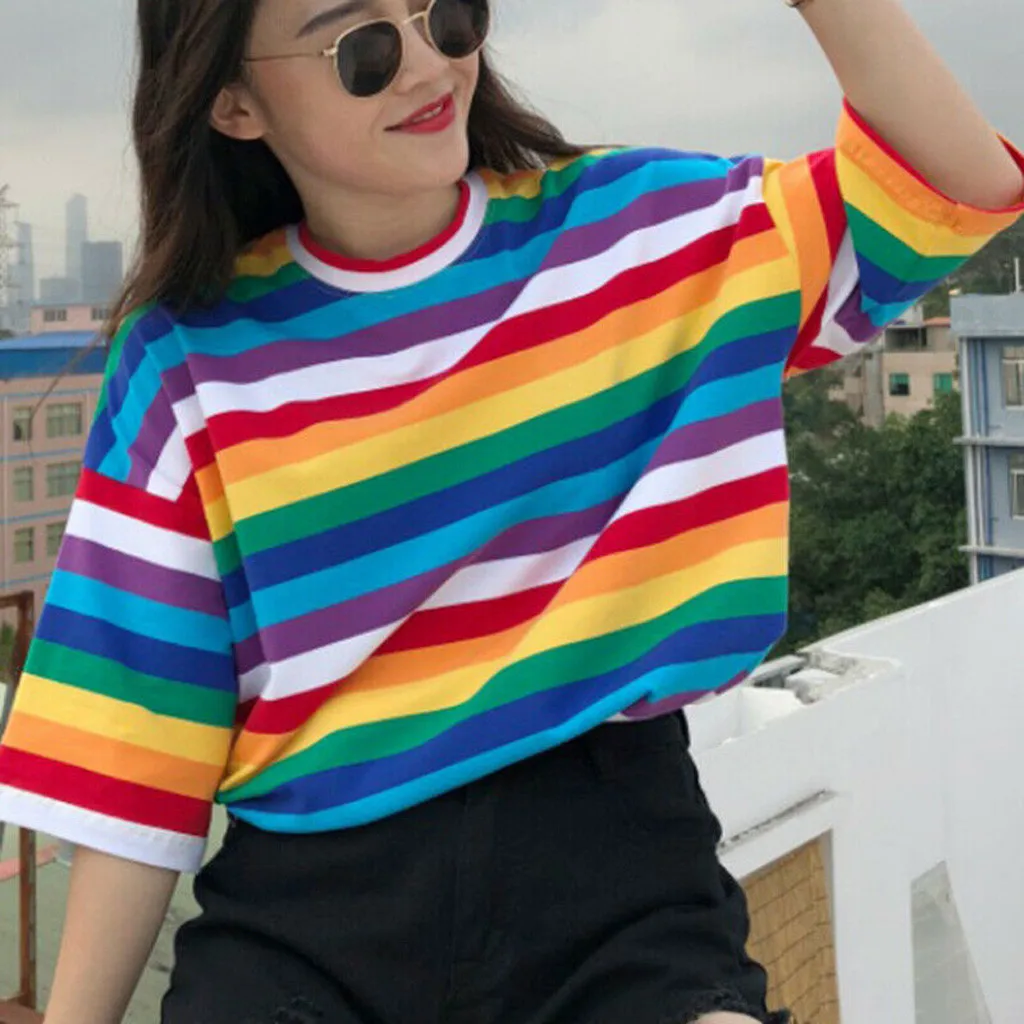Women Harajuku Rainbow Stripe T Shirt 