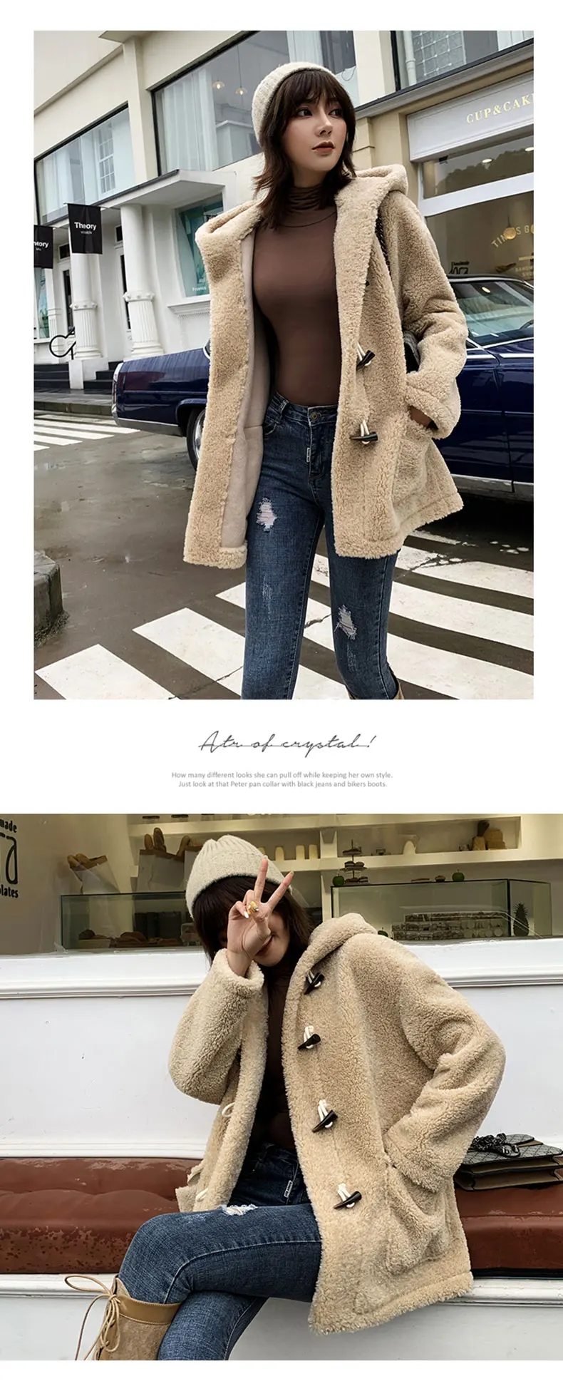 Handmade New design high quality long Wool Coat Hat collar Loose Thickening coat Short style Big button Pocket decoration