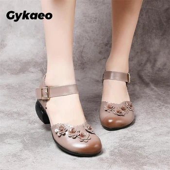 

2020 Spring Women Sandals 5cm Chunky Block Thick Heels Flower Print Genuine Leather Round Toe Casual Office Slip-on Ladies Shoes