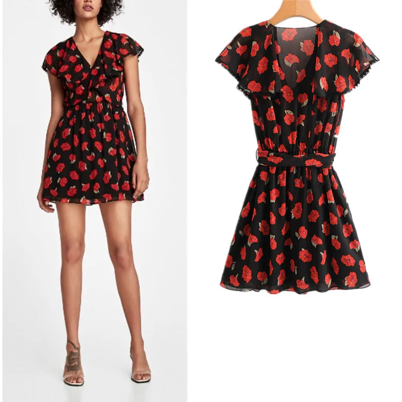 

Western Style 2018 Summer New Style Fashion Slim Fit Slimming Floral Print V-neck Flounced Sleeves Dress Women's Fashion J8043