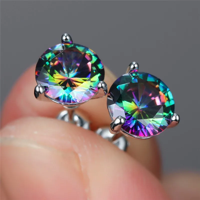 Rainbow Fire Mystic Topaz Round Diamond Cut Sterling Silver Stud Earrings