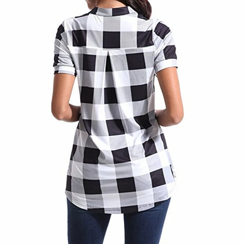 Женские топы и блузки размера плюс 5XL Летние повседневные клетчатые Блузы с коротким рукавом и v-образным вырезом женские свободные футболки блузки
