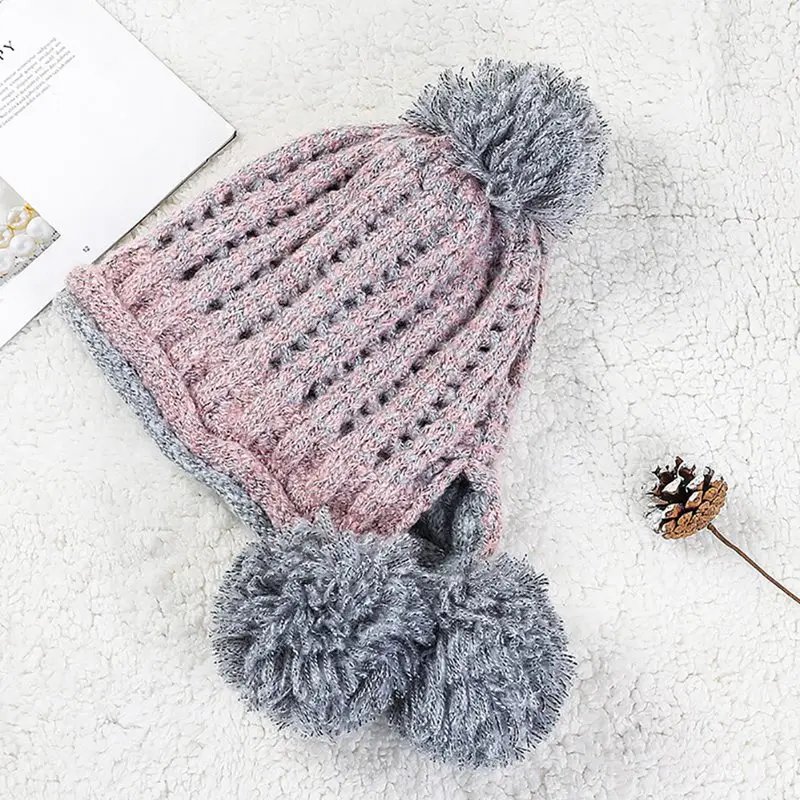 Skullies теплые вязаные шапки для девочек утепленные лыжные зимняя шапка новая мода Меховые помпоны зимняя женская шапка