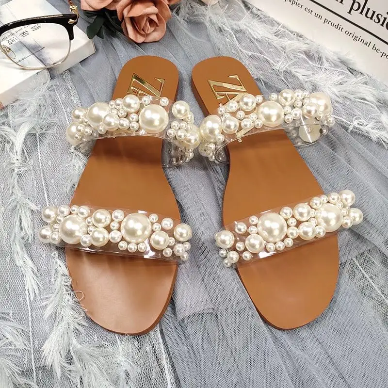 

size 40-41 new arrival 2020 summer women pearl flat slippers transparent outside slippers brown slides casuals beach slippers