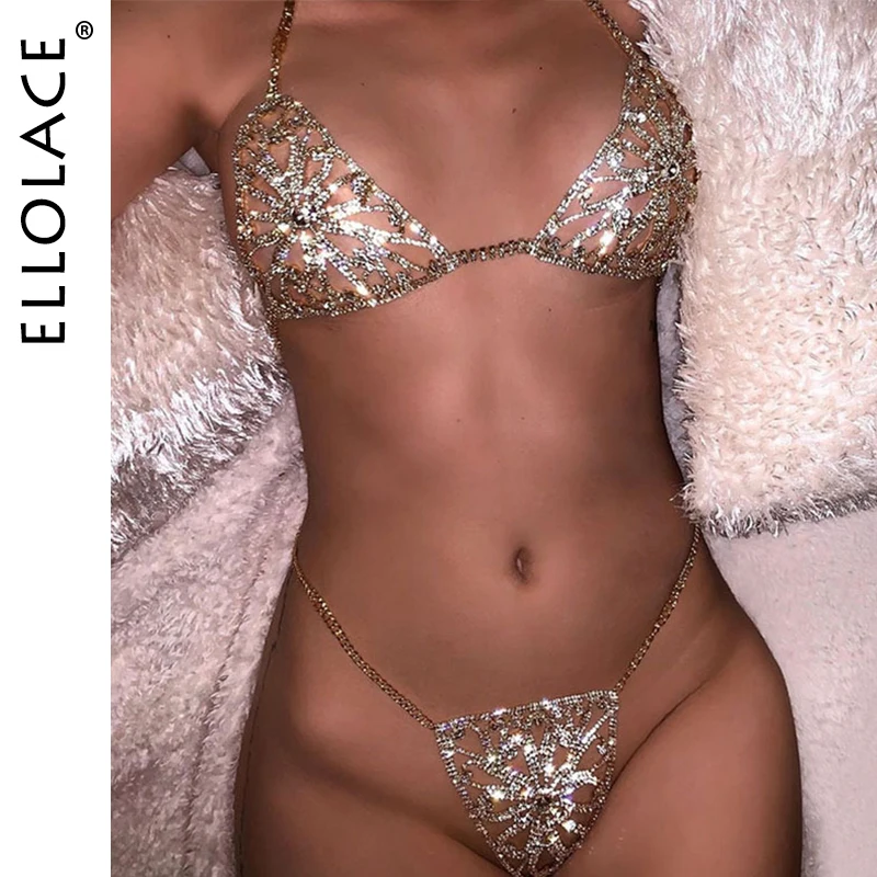 

Ellolace Luxury Crytal Lingerie Set Body Chain Harness for Women Sexy Chain Bling Rhinestone Sexy Bra and Thong Set Jewelry