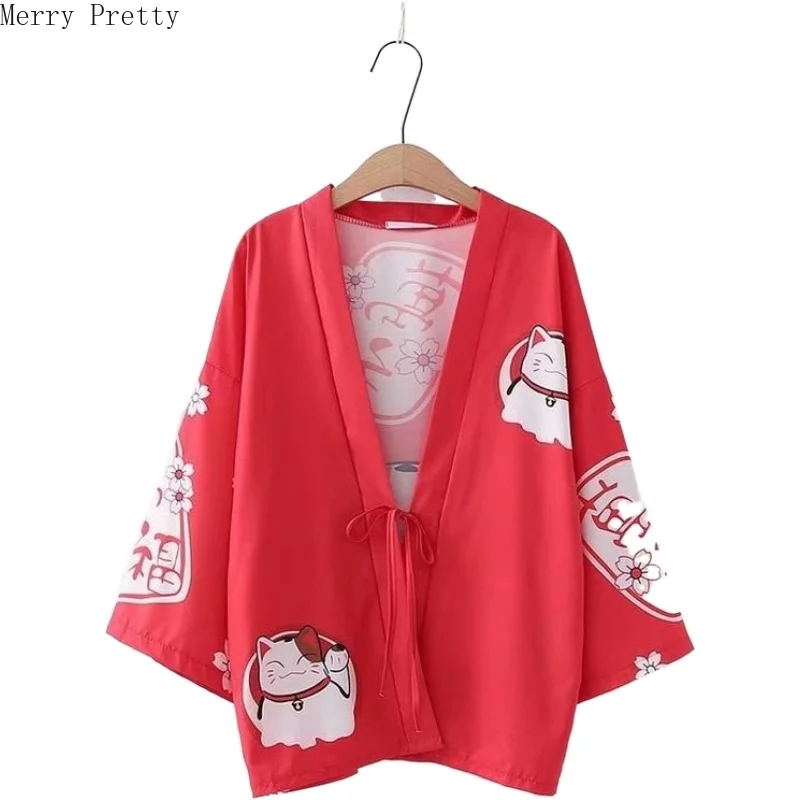 Японский стиль Харадзюку мультфильм кошка печать блузка и топы 2020 Лето Kawaii v