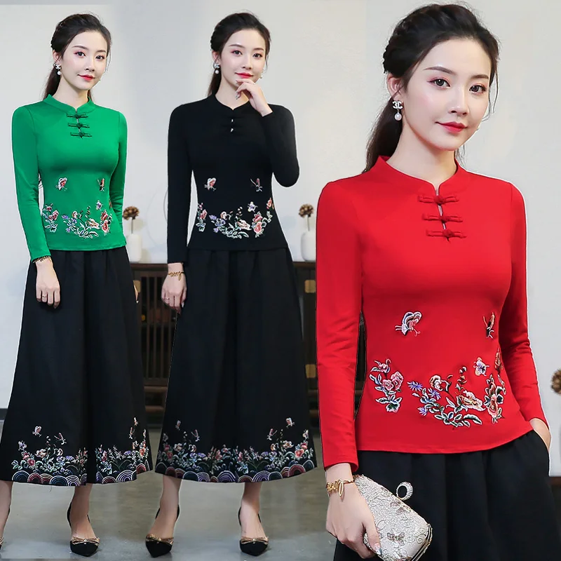 

blusas mujer de moda 2019 ethnic blouse women autumn Chinese style mandarin collar long sleeve red black green embroidery shirt