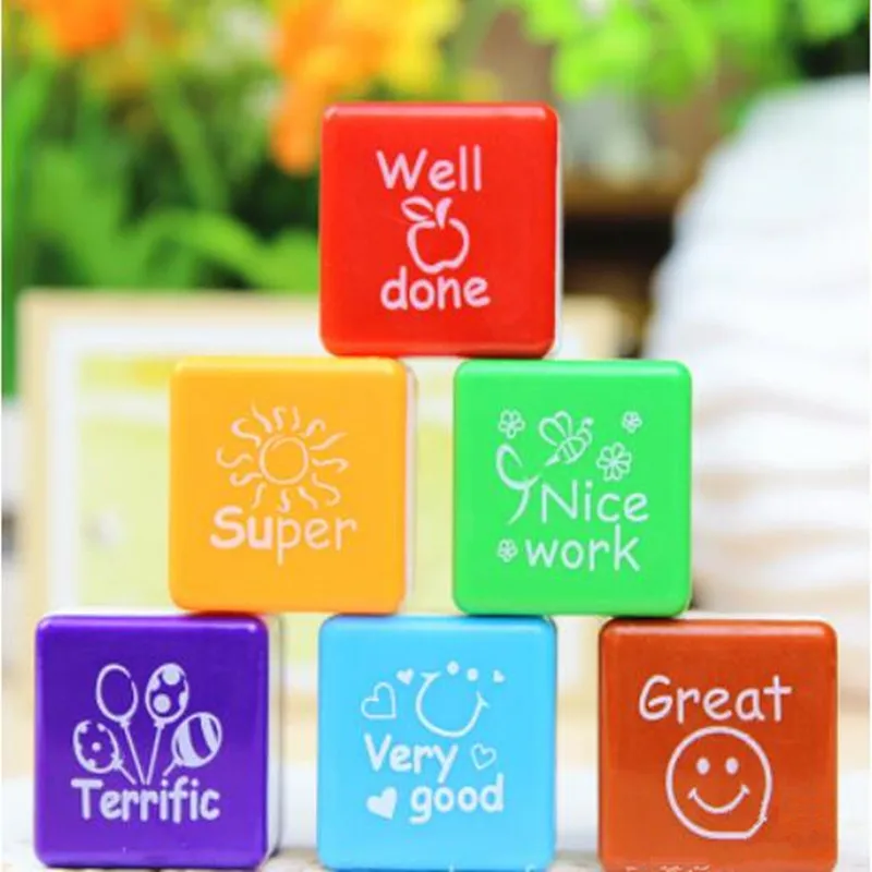  6pc/set Teachers Praise Phrase Reward Stamps Kindergarten Children Kids Self Inking Stamper DIY Cra - 4000186795545