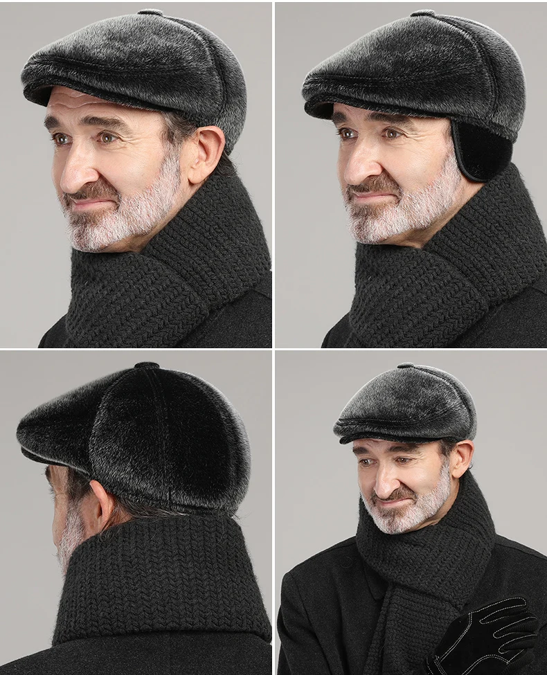 Men's PU Faux Leather Old Man Hat Winter Dad Warm Ear Flat Outdoor Bucket Cap